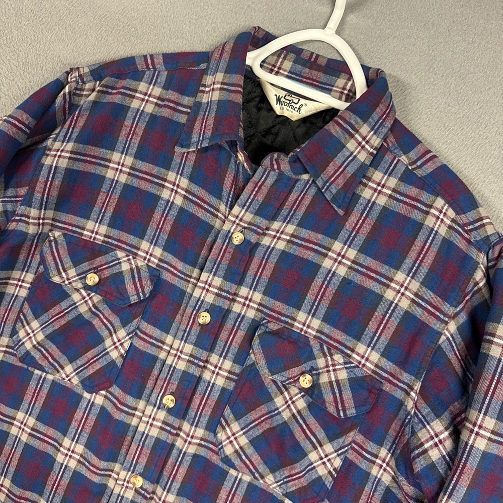 Woolrich Flannel Shirt Jacket Mens Medium Blue Plaid Quilted Nylon Lined Vintage